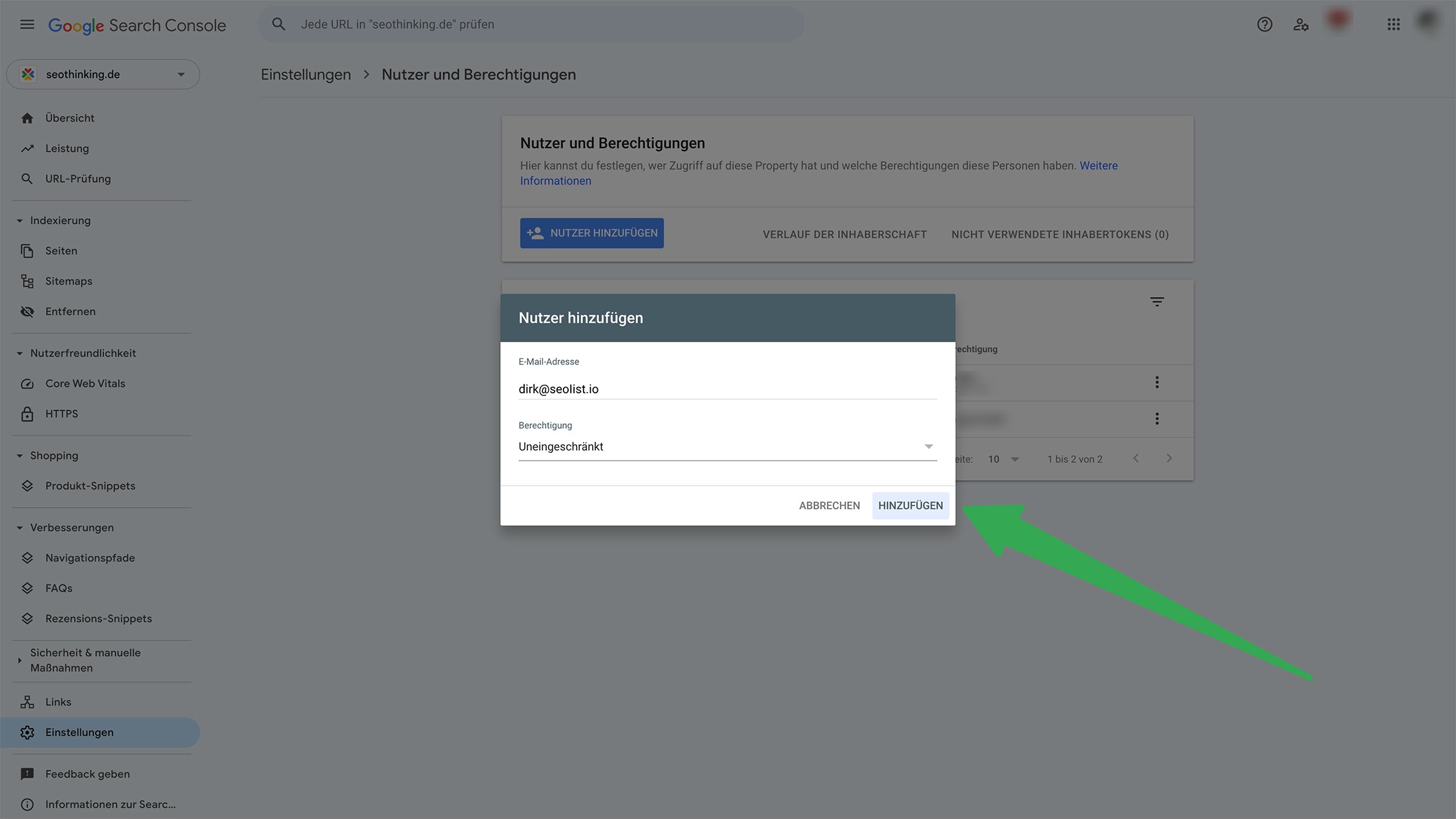 Schritt 5: E-Mail-Adresse eingeben & Berechtigung auswählen, „Hinzufügen“ klicken